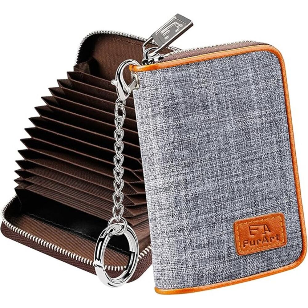 Wallet, RFID Blocking, Cash Credit Business Card Slots Zipper Keychain (Gray)